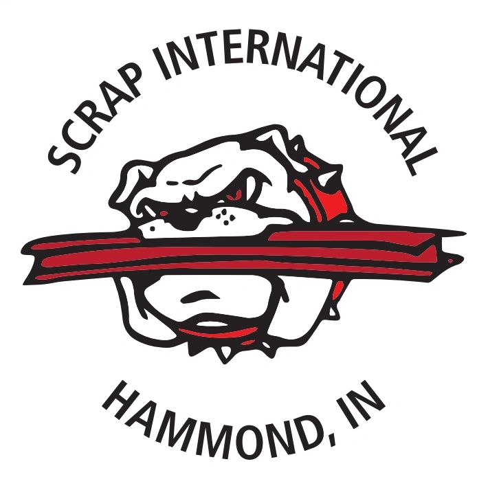 Logo of Scrap International with a bulldog biting steel beams.