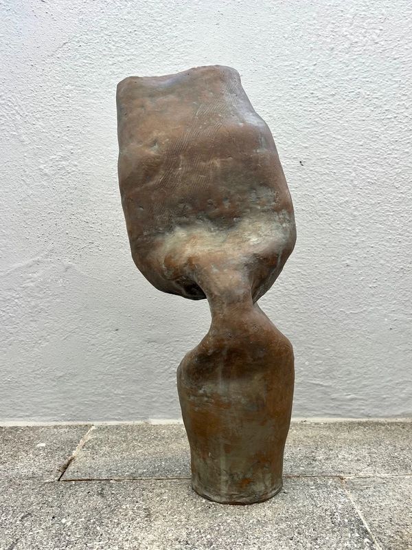 Abstract brown sculpture with an irregular shape against a white wall.