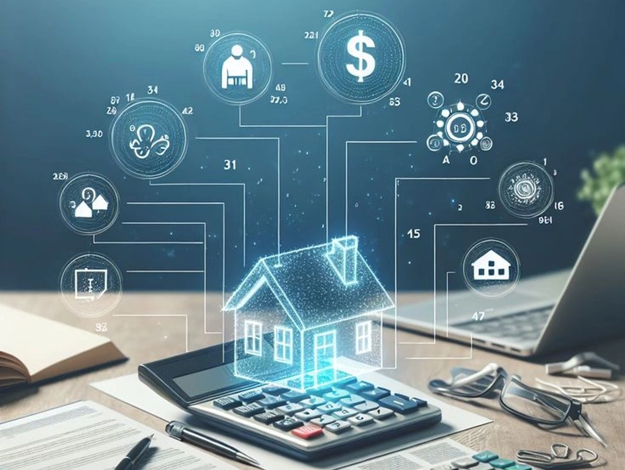 Digital house hologram above calculator, symbolizing real estate finance and investment.