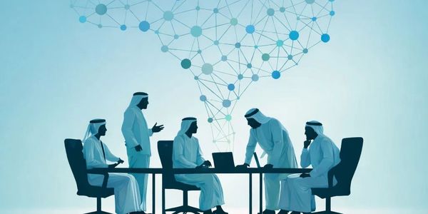 Business meeting among Middle Eastern men connected by a digital network.