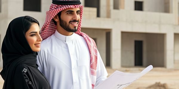 A smiling Middle Eastern couple reviewing construction plans outdoors.