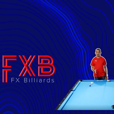 Man in red shirt playing billiards with FX Billiards logo on blue background.