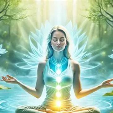 Woman meditating with glowing chakras and ethereal wings in a serene natural setting.