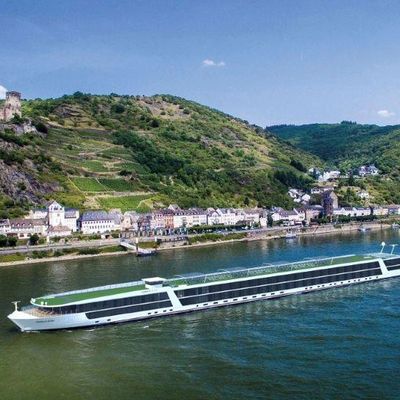 Cruise ship sailing near a riverside town with hills.