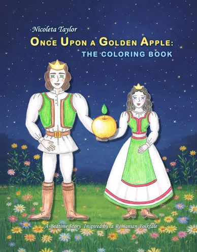 Colorful cover of a Romanian folktale-inspired coloring book with a prince and princess holding a golden apple.