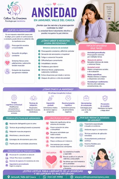 Infografía sobre la ansiedad, sus síntomas, tipos y tratamientos en Jamundí, Valle del Cauca.