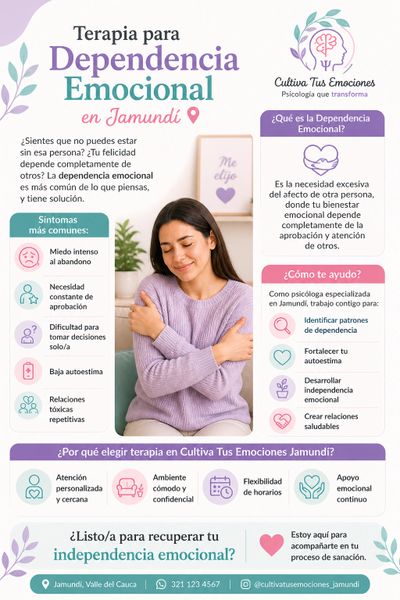 Infographic about emotional dependency therapy in Jamundí, highlighting symptoms and benefits.