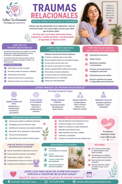 Infographic about relational traumas, their impact, and healing through therapy and emotional regulation.