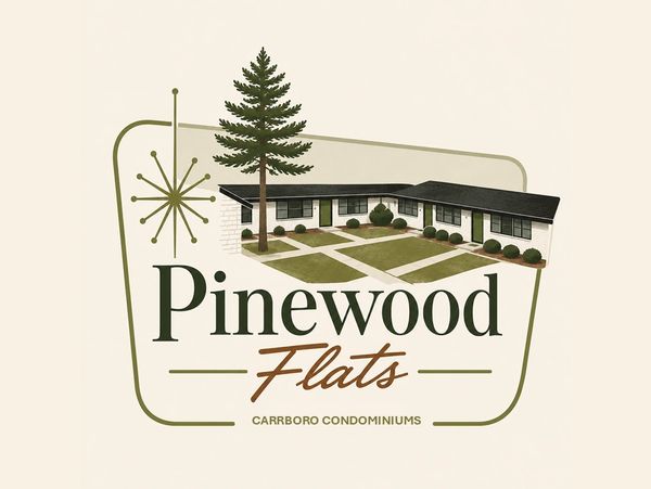 Logo for Pinewood Flats Carrboro Condominiums with a retro style design.
