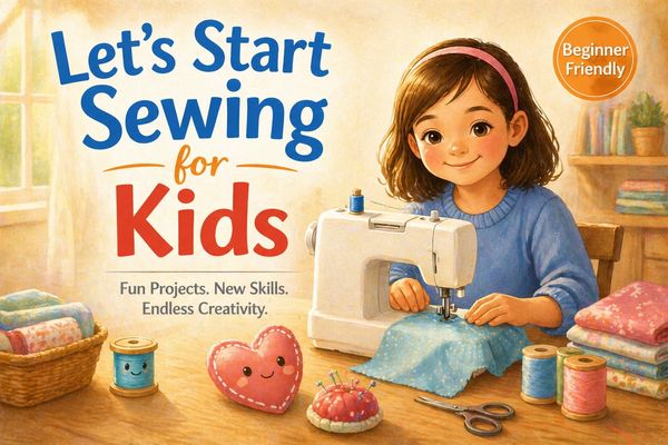 Illustrated cover of a beginner-friendly sewing book for kids with a girl using a sewing machine.
