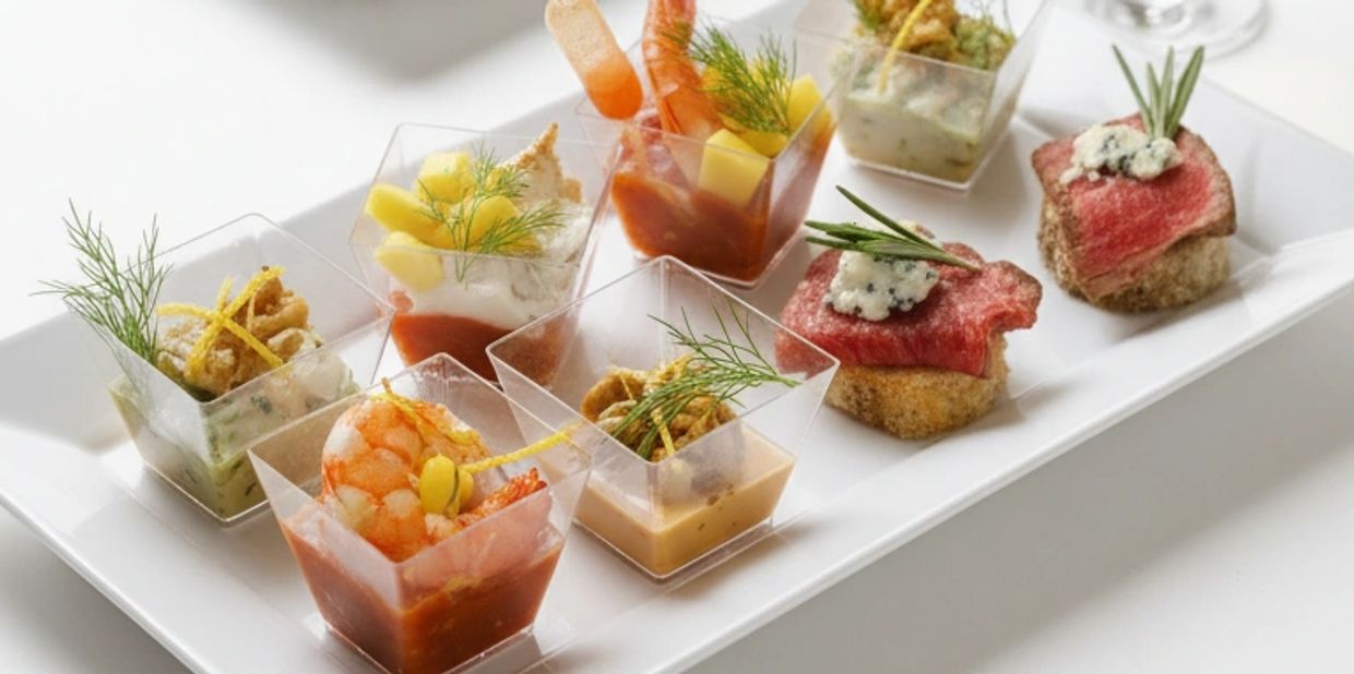 Assorted gourmet appetizers served in small cups and on toast with herbs.