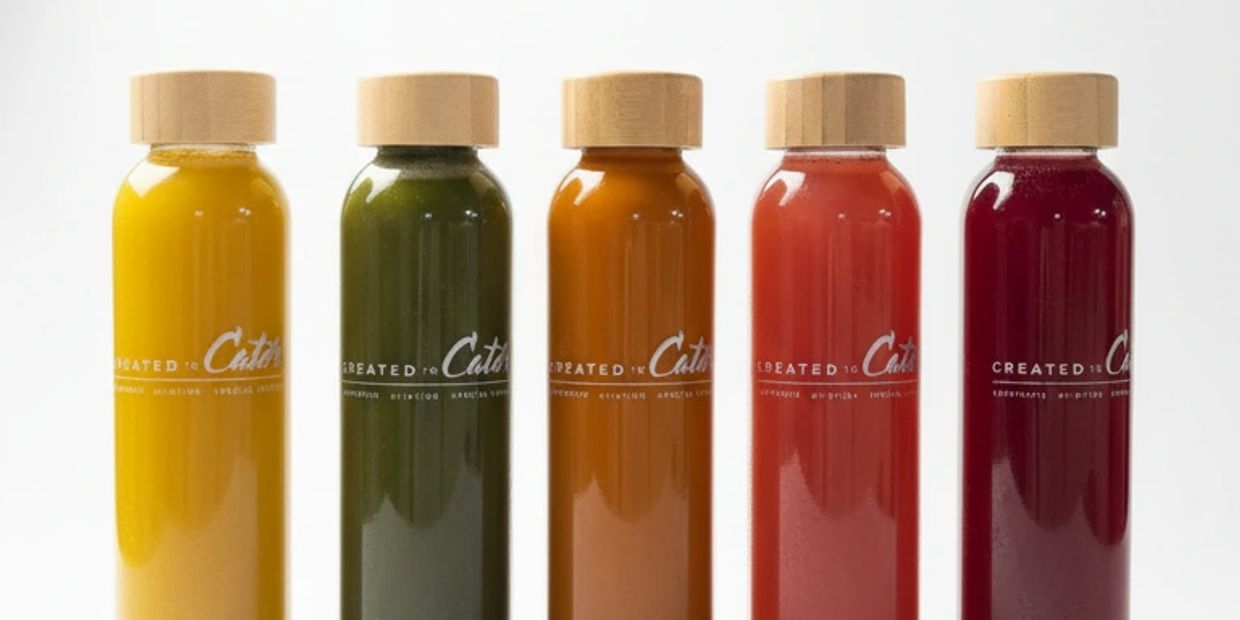 Five colorful juice bottles with wooden caps in a row.