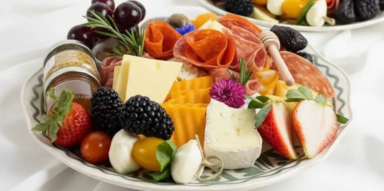 A colorful charcuterie plate with cheeses, berries, meats, and a honey dipper.