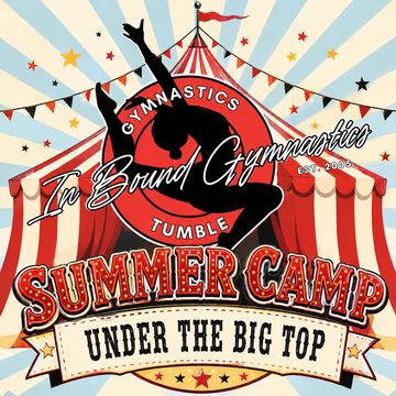 Colorful circus-themed gymnastics summer camp poster with a gymnast silhouette.