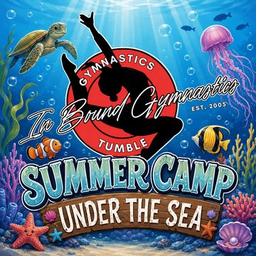 Colorful underwater-themed gymnastics summer camp poster with sea creatures and a gymnast silhouette.