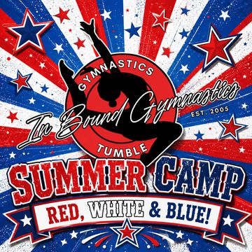 Patriotic gymnastics summer camp poster with red, white, and blue stars and stripes.