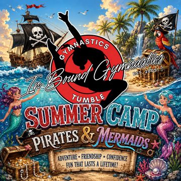 Colorful summer camp poster featuring pirates, mermaids, and gymnastics.