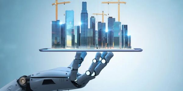 Robot holding a digital city model.
