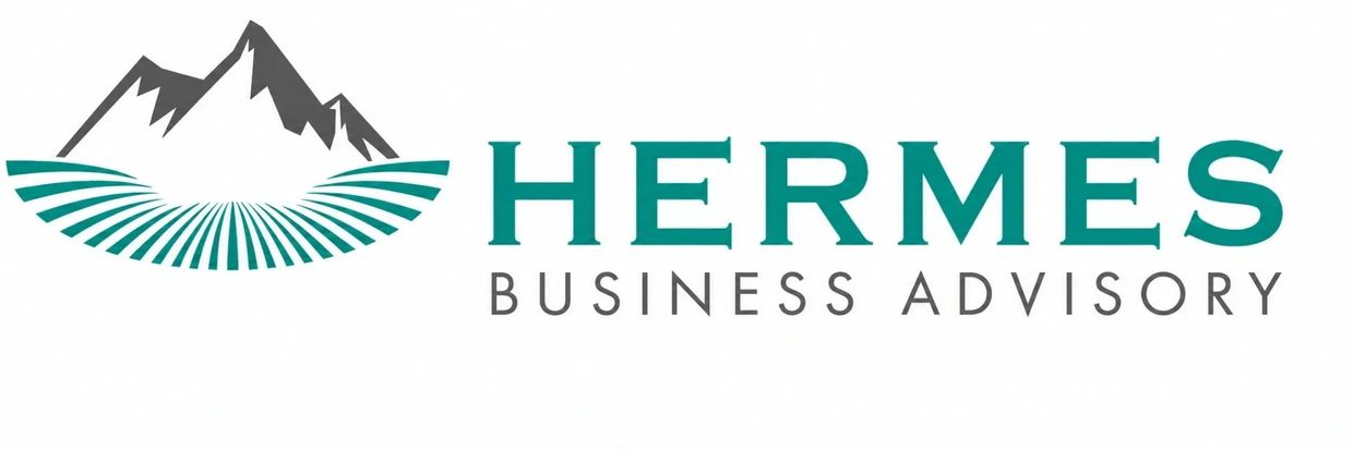 Logo of Hermes Business Advisory with mountain and field design.