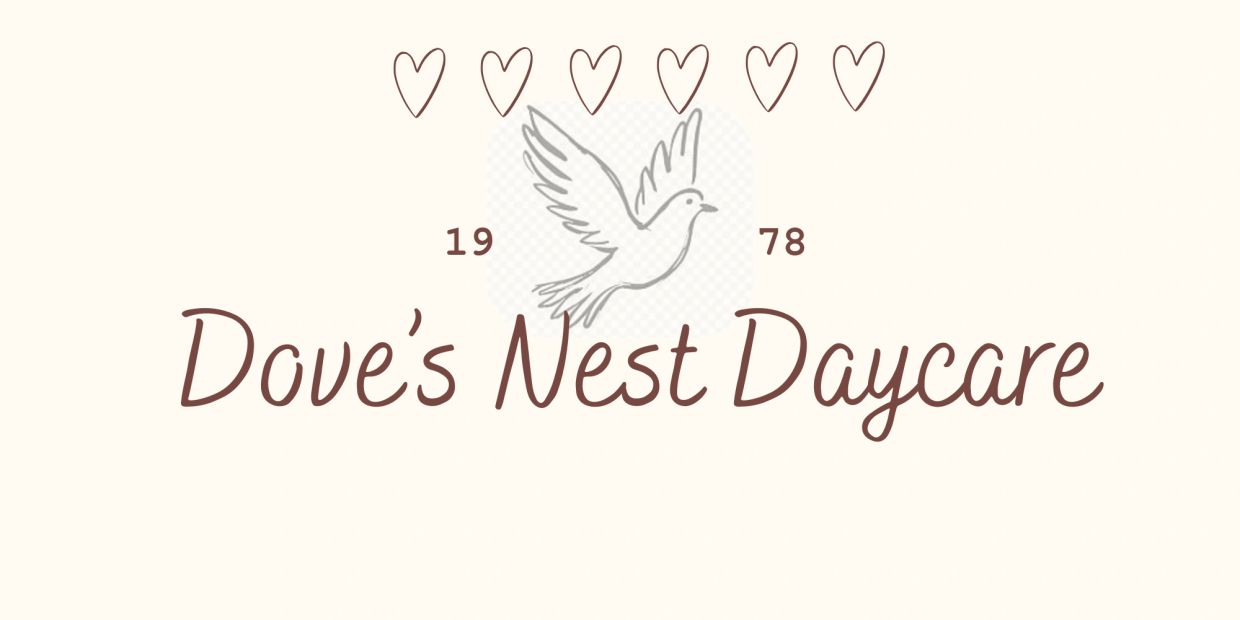 Logo for Dove's Nest Daycare with hearts and a dove.