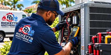 Technician repairs air conditioning unit outdoors.