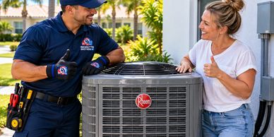 Technician and woman giving thumbs up by air conditioning unit.