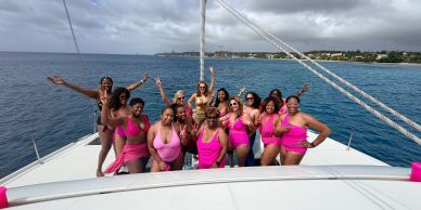 Group of women in pink swimsuits on a boat.