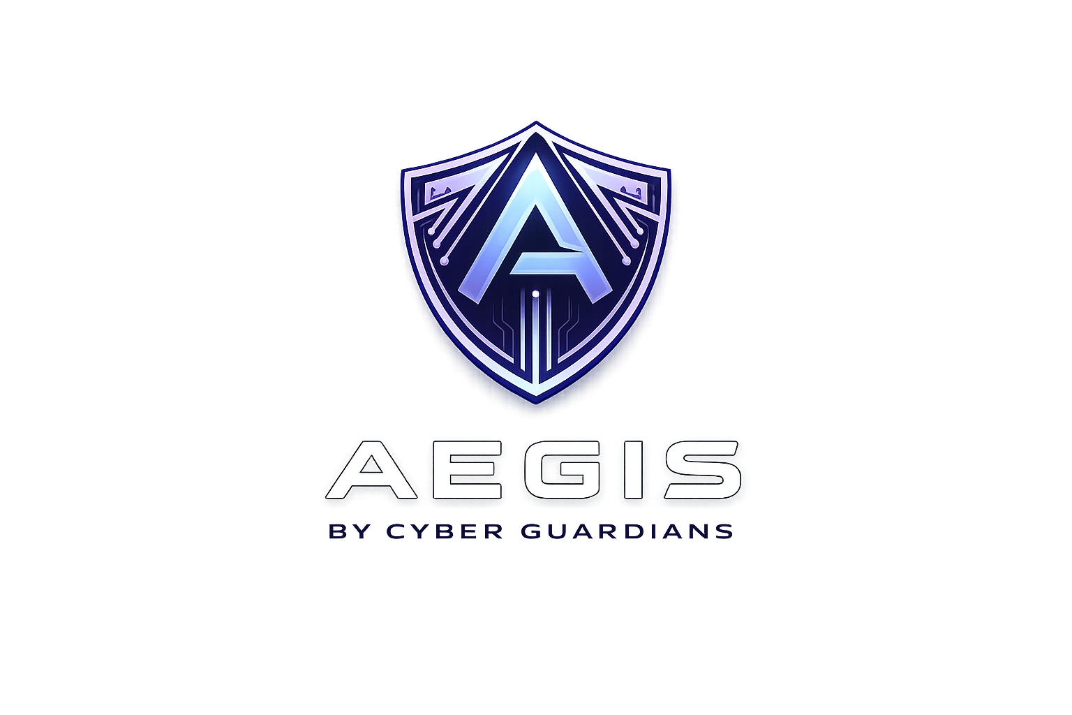 Futuristic shield logo with the letter A and the text AEGIS by Cyber Guardians.