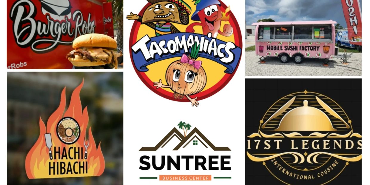 Collage of food business logos and a food truck.
