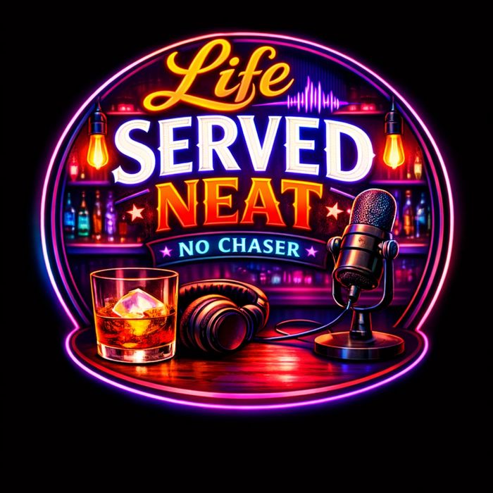 Neon sign with the phrase 'Life Served Neat No Chaser' featuring a drink, headphones, and a microphone.