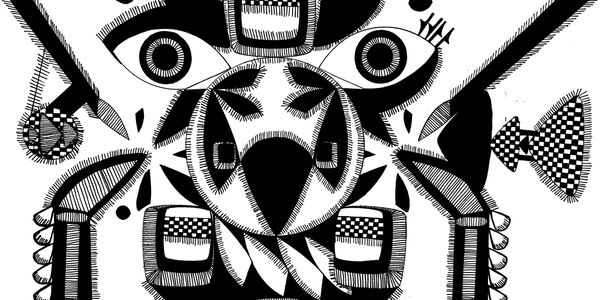 Intricate black and white abstract tribal mask with geometric patterns.