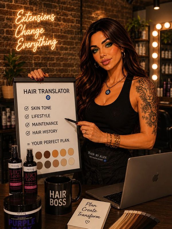 Woman promoting hair extensions with a hair translator board.