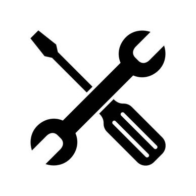 Black wrench and screwdriver crossed icon on white background.