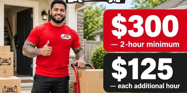 Mover in red shirt with moving boxes and pricing info.
