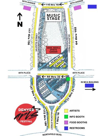 Map of Denver Arts Festival layout with music stage, food, and restroom areas.