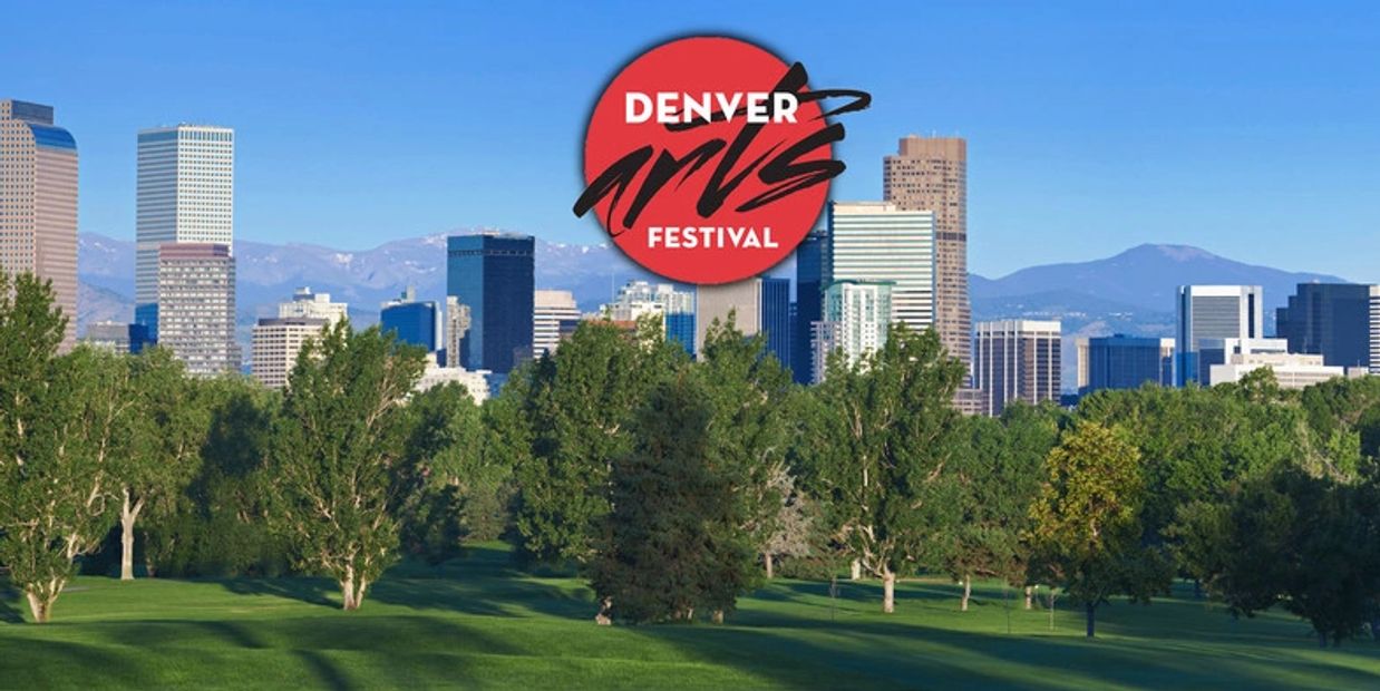 Skyline of Denver with a red Denver Arts Festival logo.