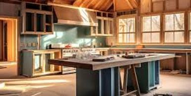 Unfinished kitchen interior with wooden framing.