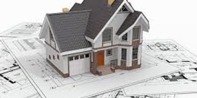 3D house model on architectural blueprints.