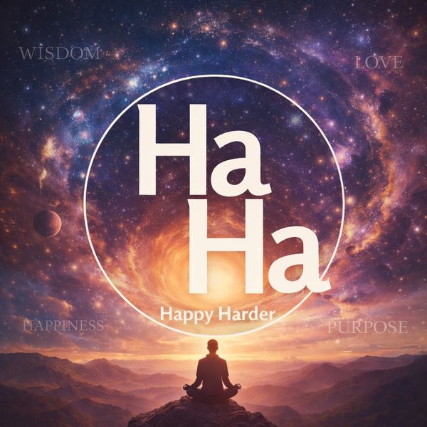 Silhouette meditates under cosmic sky with 'Happy Harder' message and words Wisdom, Love, Happiness, Purpose.