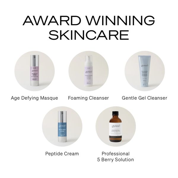 Graphic for award-winning skincare products, featuring a central title 'AWARD WINNING SKINCARE'.