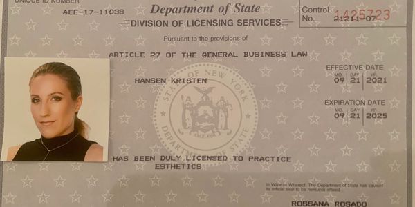 Image of a professional license from the State of NY Dept. of State, Licensing Services Esthetics.