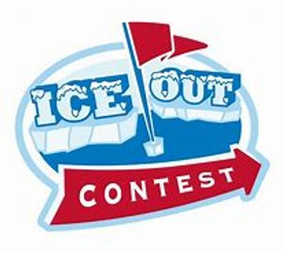 Logo for an Ice Out Contest with icy text and a red flag.