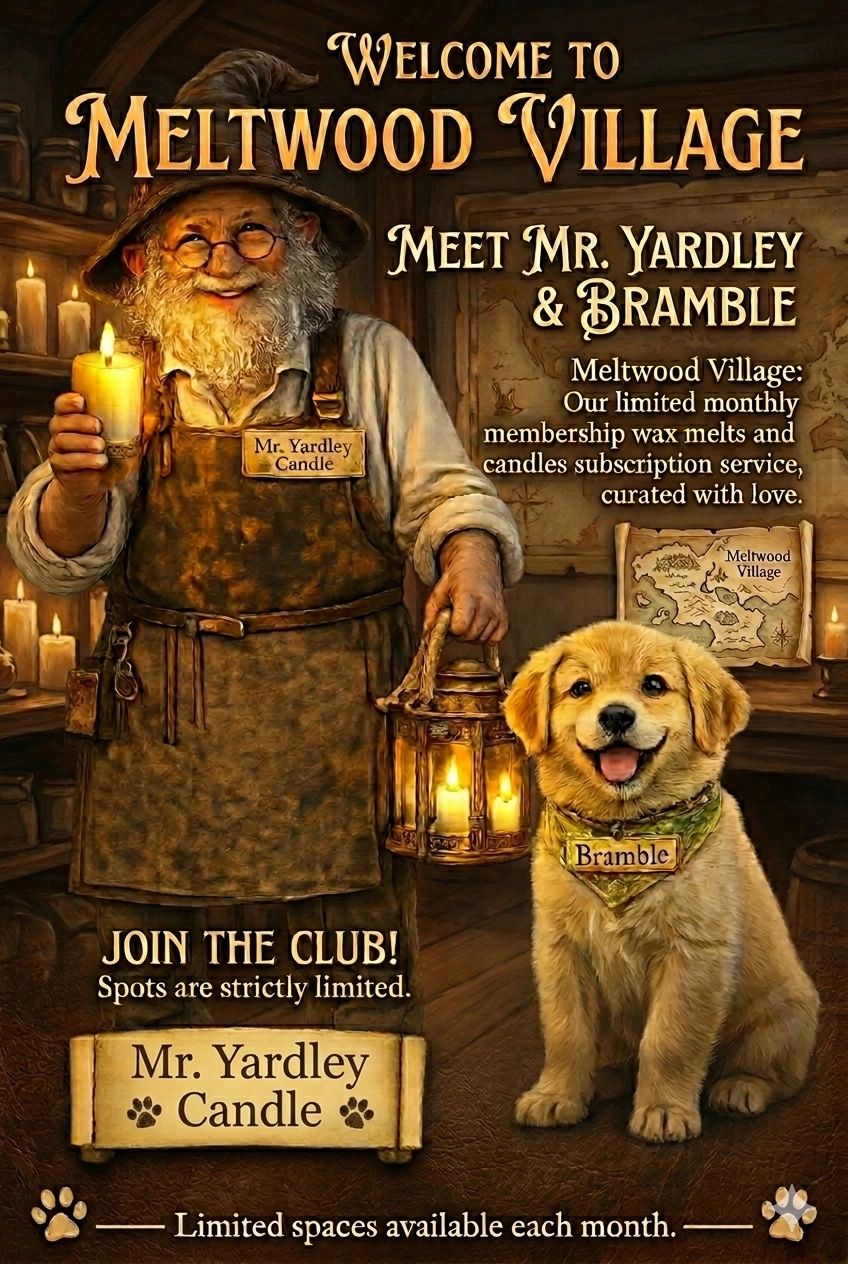 Fantasy-themed ad for Meltwood Village candles featuring Mr. Yardley and dog Bramble.