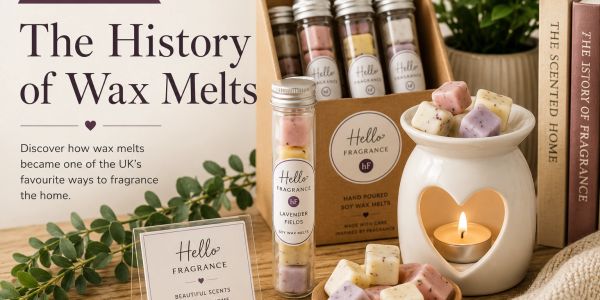 Display of wax melts with a burner and packaging.