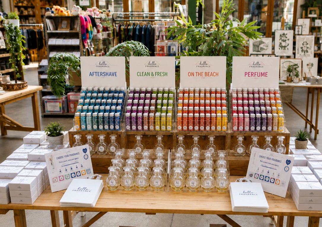 Five bottles of colorful scented beads labeled with different fragrances.