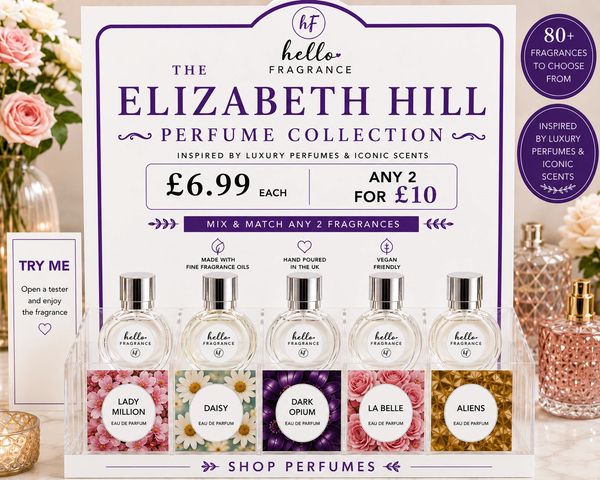Elizabeth Hill Perfume Collection display with five fragrances.