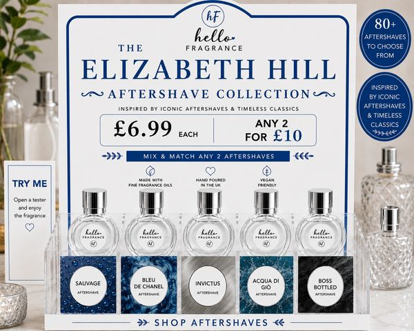 Elizabeth Hill aftershave collection with five fragrances on display.