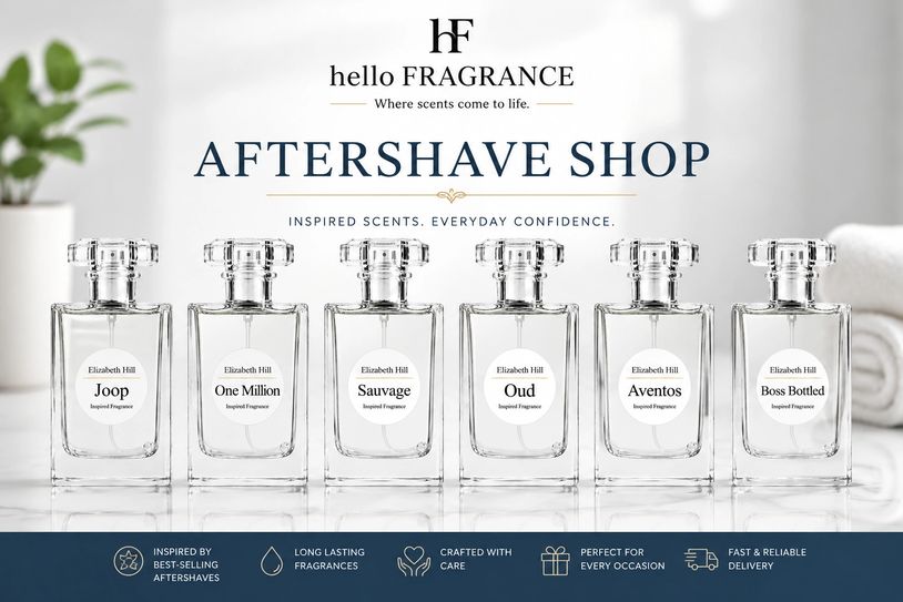 Six aftershave bottles from Hello Fragrance's Elizabeth Hill line.