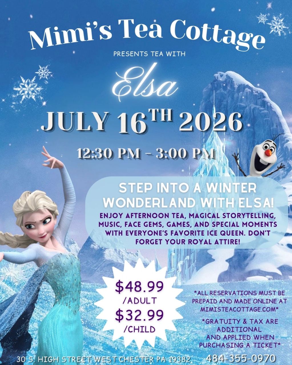 Mimi's Tea Cottage invites you to tea with Elsa on July 16, 2026, featuring magical storytelling and fun activities.
