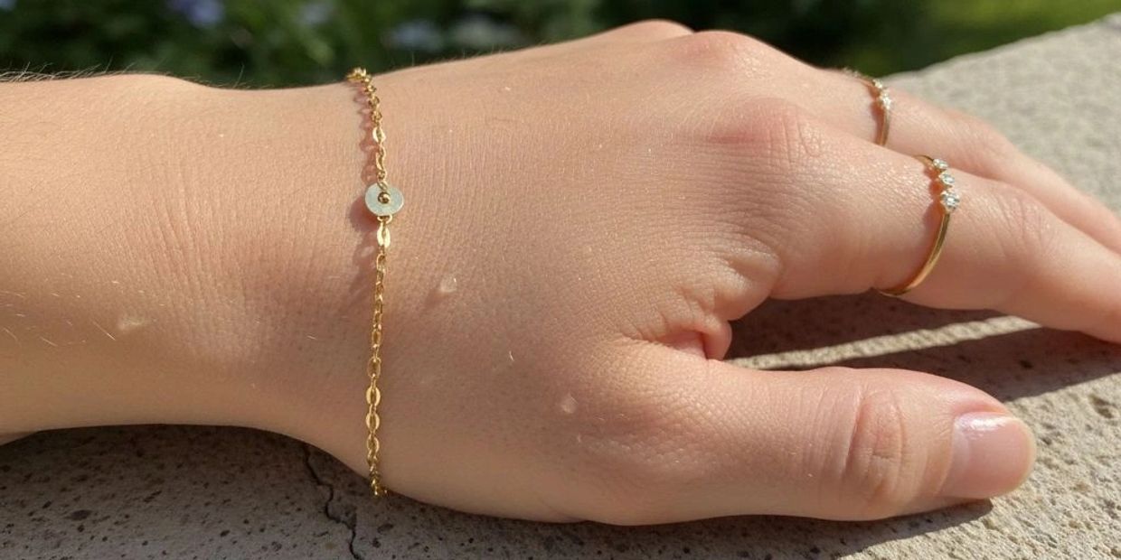 Hand adorned with delicate gold rings and a thin gold bracelet.